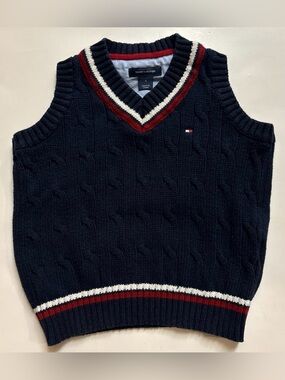 Tommy Hilfiger Navy Cable-Knit V-Neck Sweater Vest with Red and White Trim